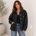 Women's Classic Button Front Oversized Denim Jacket in black featuring a relaxed oversized fit, button-front closure, chest flap pockets, and long sleeves.