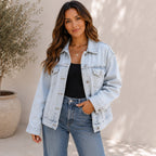 Women's Classic Button Front Oversized Denim Jacket in light blue featuring an oversized relaxed fit, button-front closure, lapel collar, and classic everyday denim style.