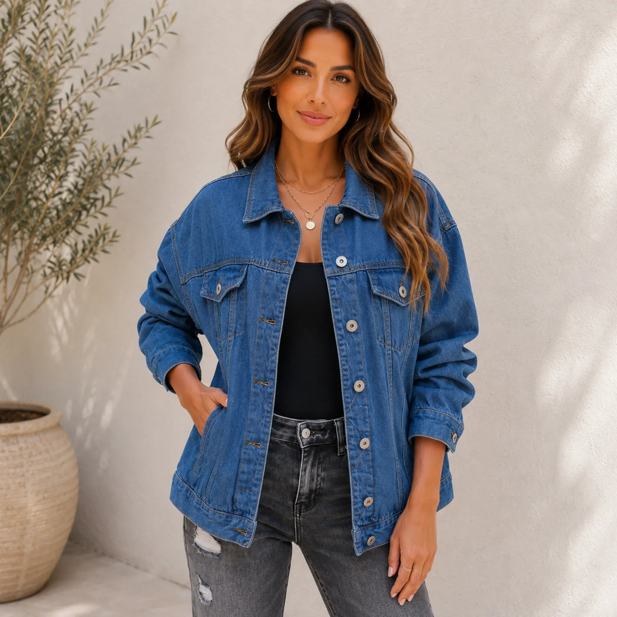Women's Classic Button Front Oversized Denim Jacket in sapphire blue featuring a relaxed oversized fit, button-front closure, lapel collar, chest flap pockets, long sleeves, and timeless denim styling.