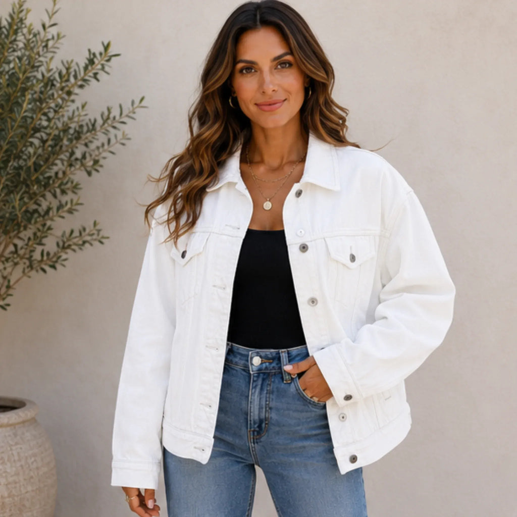 Women's Classic Button Front Oversized Denim Jacket in white featuring a relaxed oversized fit, button-front closure, lapel collar, chest flap pockets, and long sleeves.