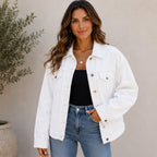 Women's Classic Button Front Oversized Denim Jacket in white featuring a relaxed oversized fit, button-front closure, lapel collar, chest flap pockets, and long sleeves.