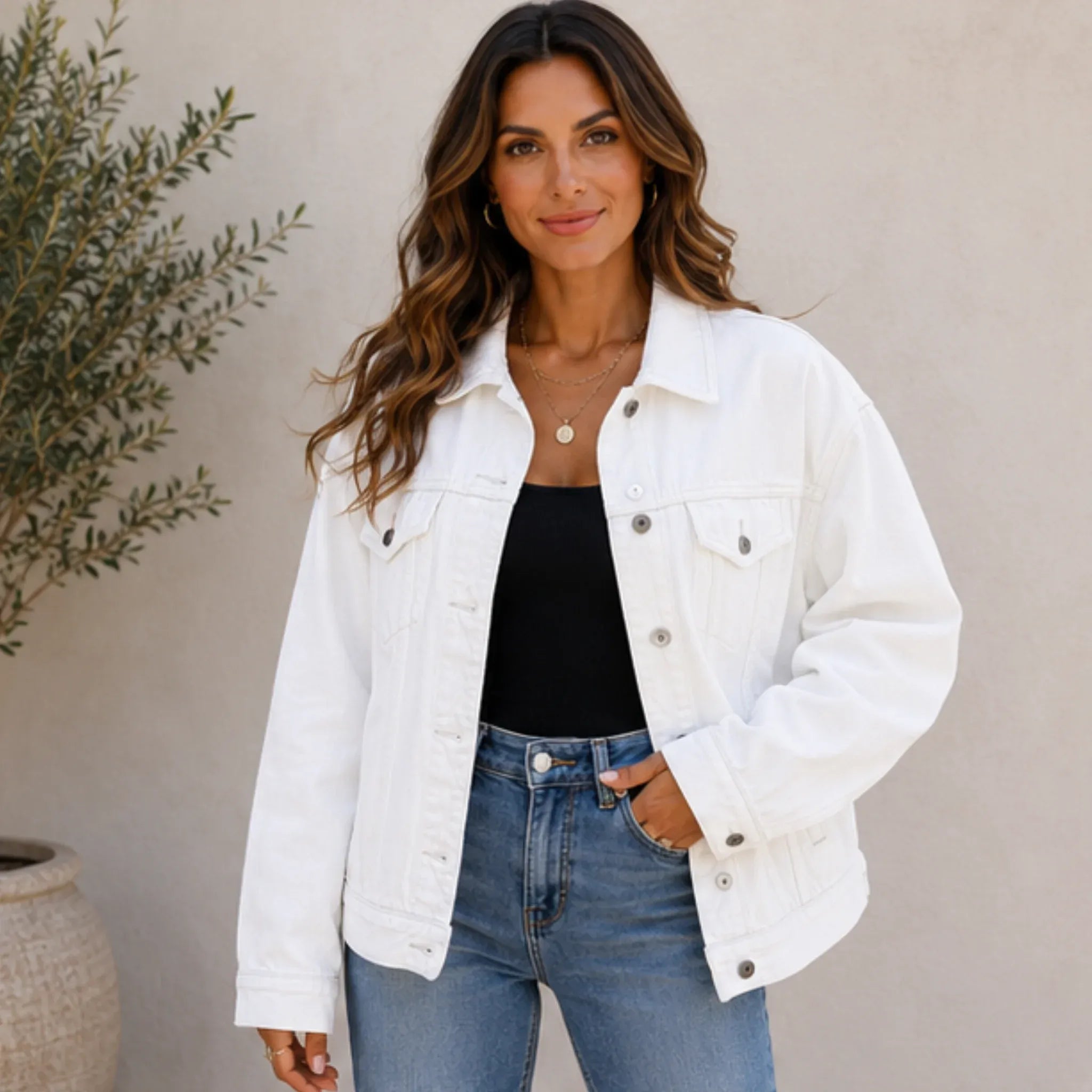 Women's Classic Button Front Oversized Denim Jacket in white featuring a relaxed oversized fit, button-front closure, lapel collar, chest flap pockets, and long sleeves.