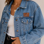 Close-up of the women's Classic Loose Fit Denim Jacket in blue showcasing the lapel collar, button-front closure, chest flap pockets, and premium denim texture.