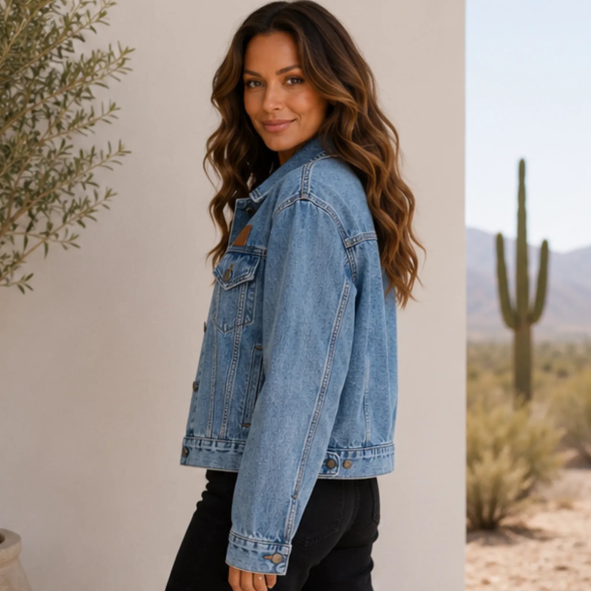 Side view of the women's Classic Loose Fit Denim Jacket in blue highlighting the relaxed fit, long sleeves, and timeless denim construction.