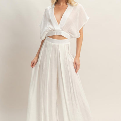 Collared Wrap Top & Wide-Leg Pants Set - Black, White, Almond & Light Mocha-Solazura Boutique - Solazura Boutique