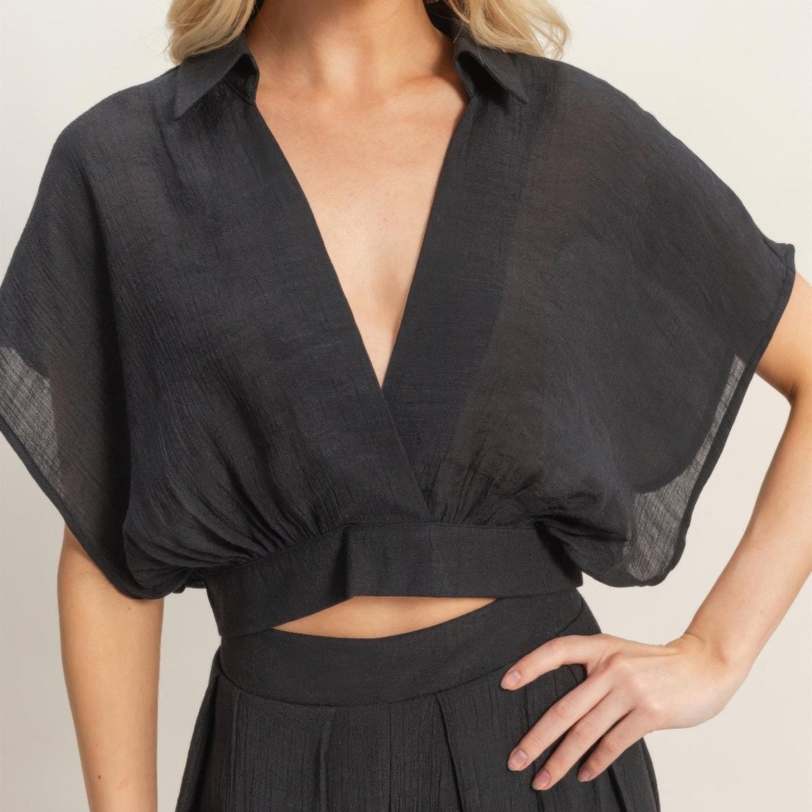 Collared Wrap Top & Wide-Leg Pants Set - Black, White, Almond & Light Mocha-Solazura Boutique - Solazura Boutique