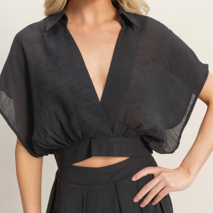 Collared Wrap Top & Wide-Leg Pants Set - Black, White, Almond & Light Mocha-Solazura Boutique - Solazura Boutique