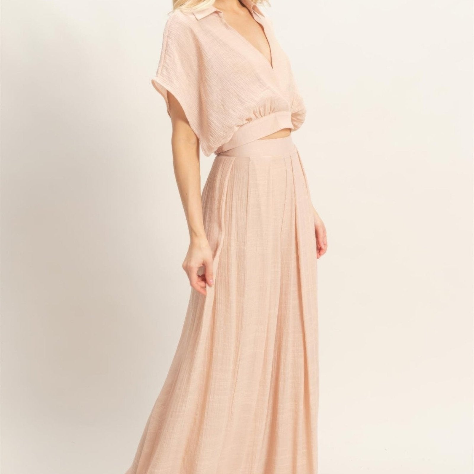 Collared Wrap Top & Wide-Leg Pants Set - Black, White, Almond & Light Mocha-Solazura Boutique - Solazura Boutique
