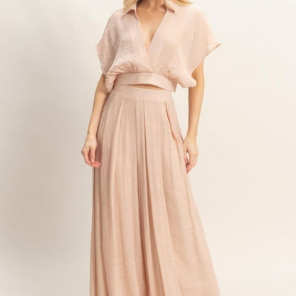 Collared Wrap Top & Wide-Leg Pants Set - Black, White, Almond & Light Mocha-Solazura Boutique - Solazura Boutique