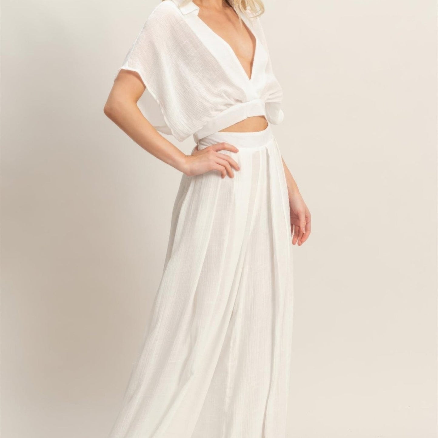 Collared Wrap Top & Wide-Leg Pants Set - Black, White, Almond & Light Mocha-Solazura Boutique - Solazura Boutique