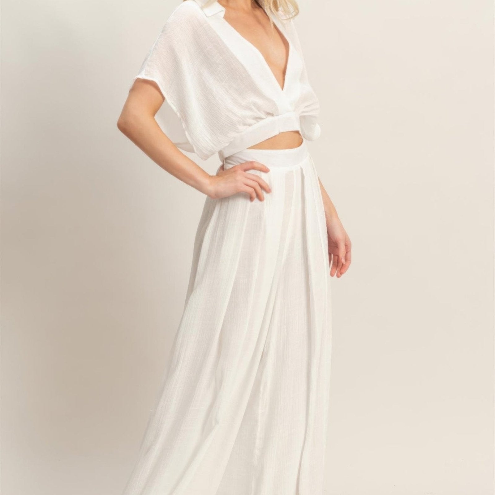 Collared Wrap Top & Wide-Leg Pants Set - Black, White, Almond & Light Mocha-Solazura Boutique - Solazura Boutique