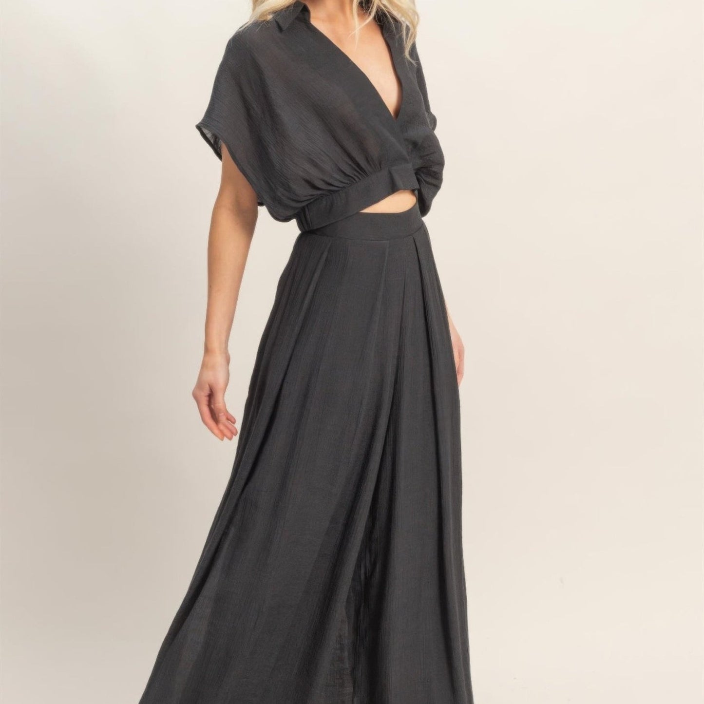 Collared Wrap Top & Wide-Leg Pants Set - Black, White, Almond & Light Mocha-Solazura Boutique - Solazura Boutique