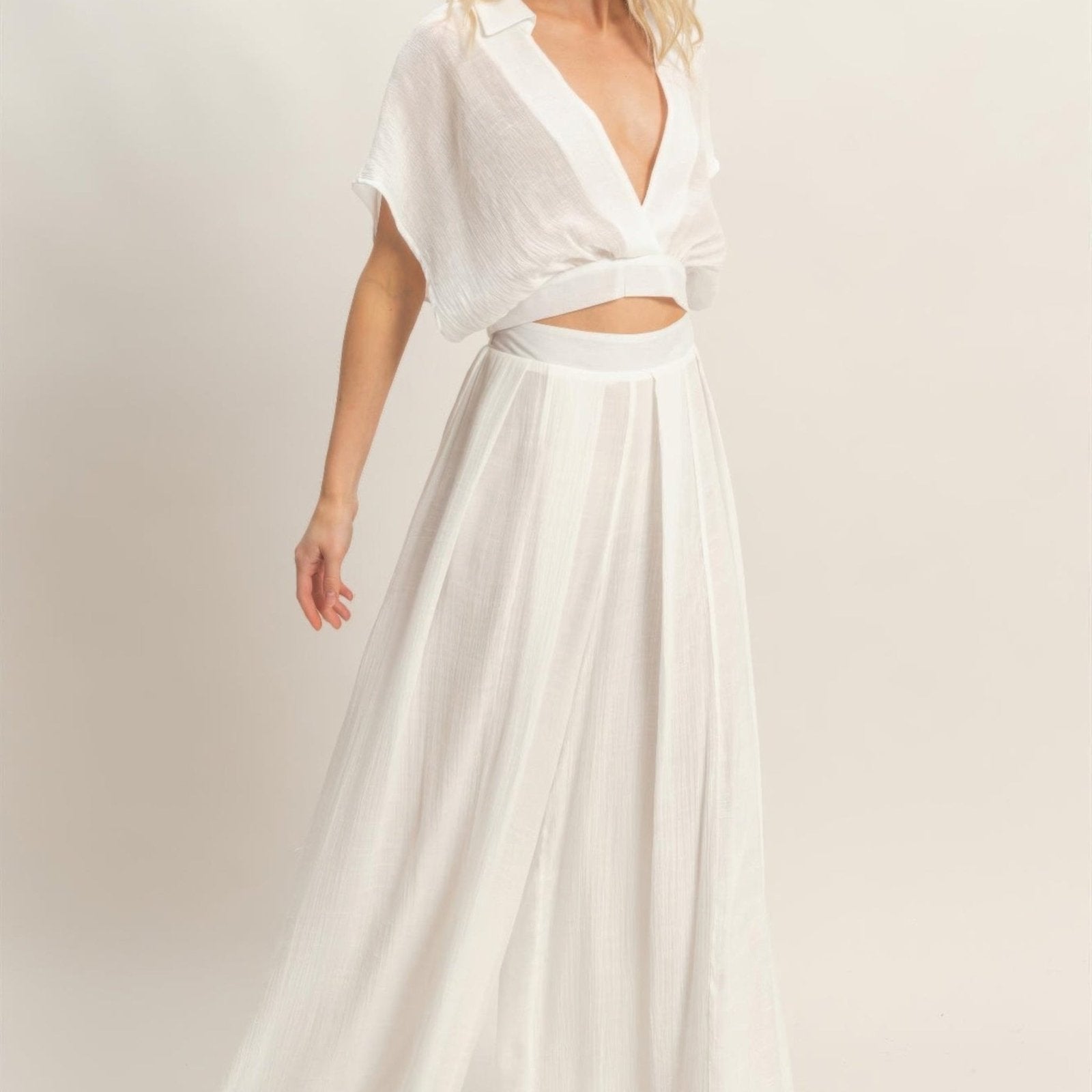 Collared Wrap Top & Wide-Leg Pants Set - Black, White, Almond & Light Mocha-Solazura Boutique - Solazura Boutique