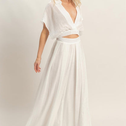 Collared Wrap Top & Wide-Leg Pants Set - Black, White, Almond & Light Mocha-Solazura Boutique - Solazura Boutique