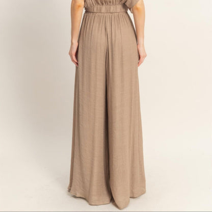 Collared Wrap Top & Wide-Leg Pants Set - Black, White, Almond & Light Mocha-Solazura Boutique - Solazura Boutique