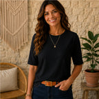 Comfortable women's crew-neck polyester T-shirt in black front view