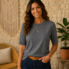 Comfortable women's crew-neck polyester T-shirt in gray front view