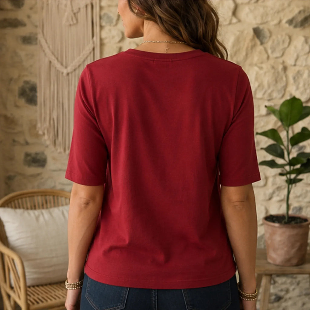 Back view of comfortable women's red crew-neck T-shirt