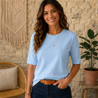 Comfortable women's crew-neck polyester T-shirt in black front view