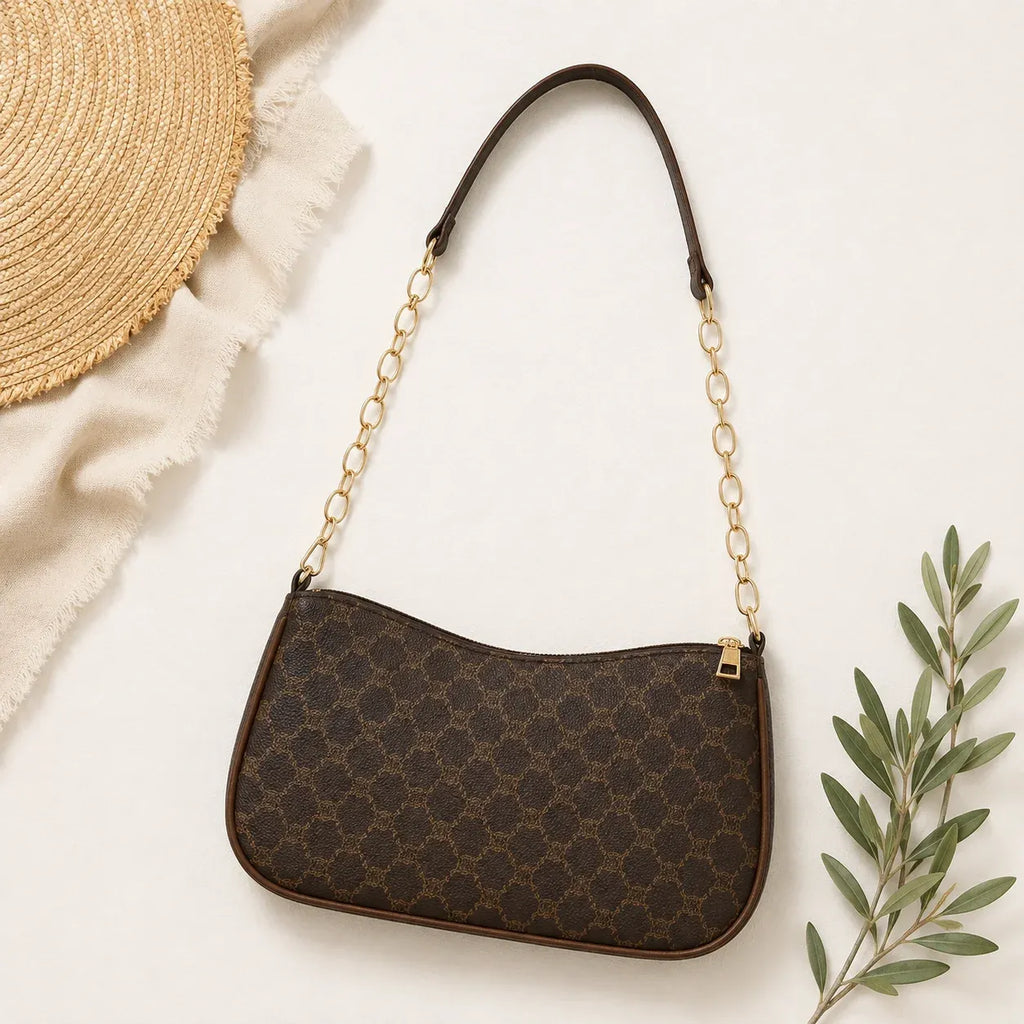 Brown Convertible Chain Strap Shoulder Bag with gold chain handle displayed on a neutral flat lay background.