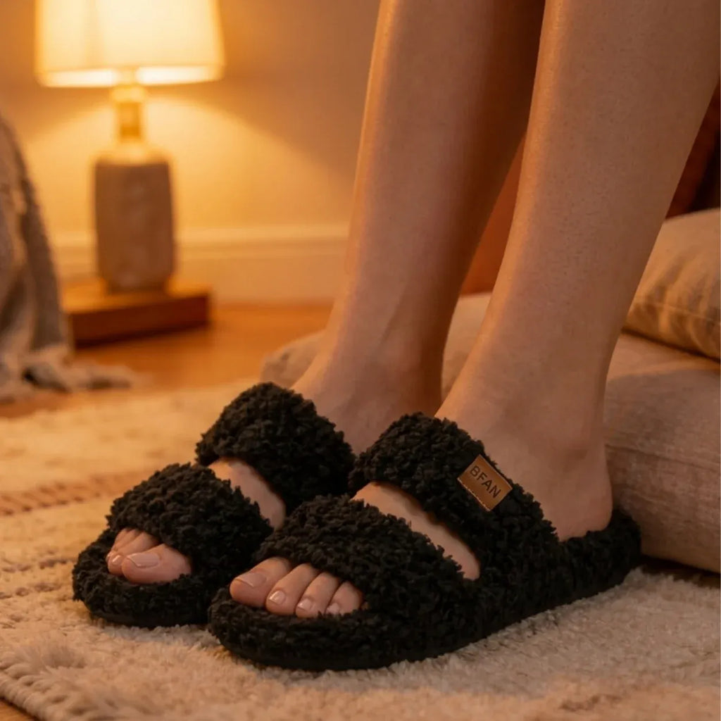 Cozy Double Strap Plush House Slippers in black featuring soft plush straps, lightweight TPR sole, and breathable open-toe comfort for indoor lounging.
