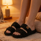 Cozy Double Strap Plush House Slippers in black featuring soft plush straps, lightweight TPR sole, and breathable open-toe comfort for indoor lounging.