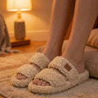 Cozy Double Strap Plush House Slippers in khaki with fluffy plush texture, breathable open-toe style, cushioned sole, and everyday comfort.