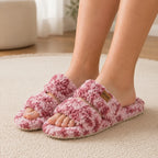 Cozy Double Strap Plush House Slippers in pink leopard print featuring soft plush double straps, cushioned footbed, and stylish indoor comfort.