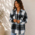 Women's black plaid button down shacket featuring a relaxed oversized fit, chest pockets, collared neckline, and long sleeves.