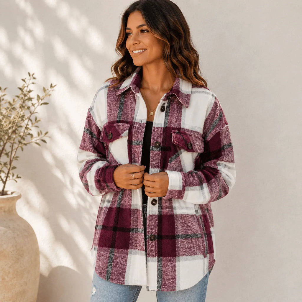 Women's burgundy plaid button down shacket featuring a relaxed fit, collared neckline, chest pockets, and soft brushed fabric.