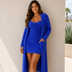 Women's Cozy Plush Lounge Dress & Cardigan 2-Piece Set in royal blue featuring a soft mini dress and matching long cardigan.