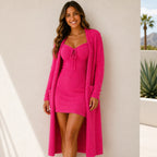 Women's Cozy Plush Lounge Dress & Cardigan 2-Piece Set in hot pink featuring a soft fitted mini dress and matching cardigan.