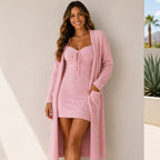 Women's Cozy Plush Lounge Dress & Cardigan 2-Piece Set in light pink made with ultra-soft plush fabric for cozy comfort.
