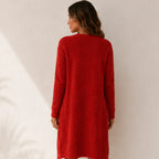 Back view of the Cozy Plush Lounge Dress & Cardigan 2-Piece Set in red with a long plush cardigan and cozy mini dress.