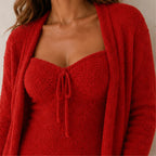 Close-up of the Cozy Plush Lounge Dress & Cardigan 2-Piece Set in red highlighting the ultra-soft plush fabric and front tie neckline.