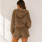 Women's brown plush zip-up hoodie and drawstring shorts set back view
