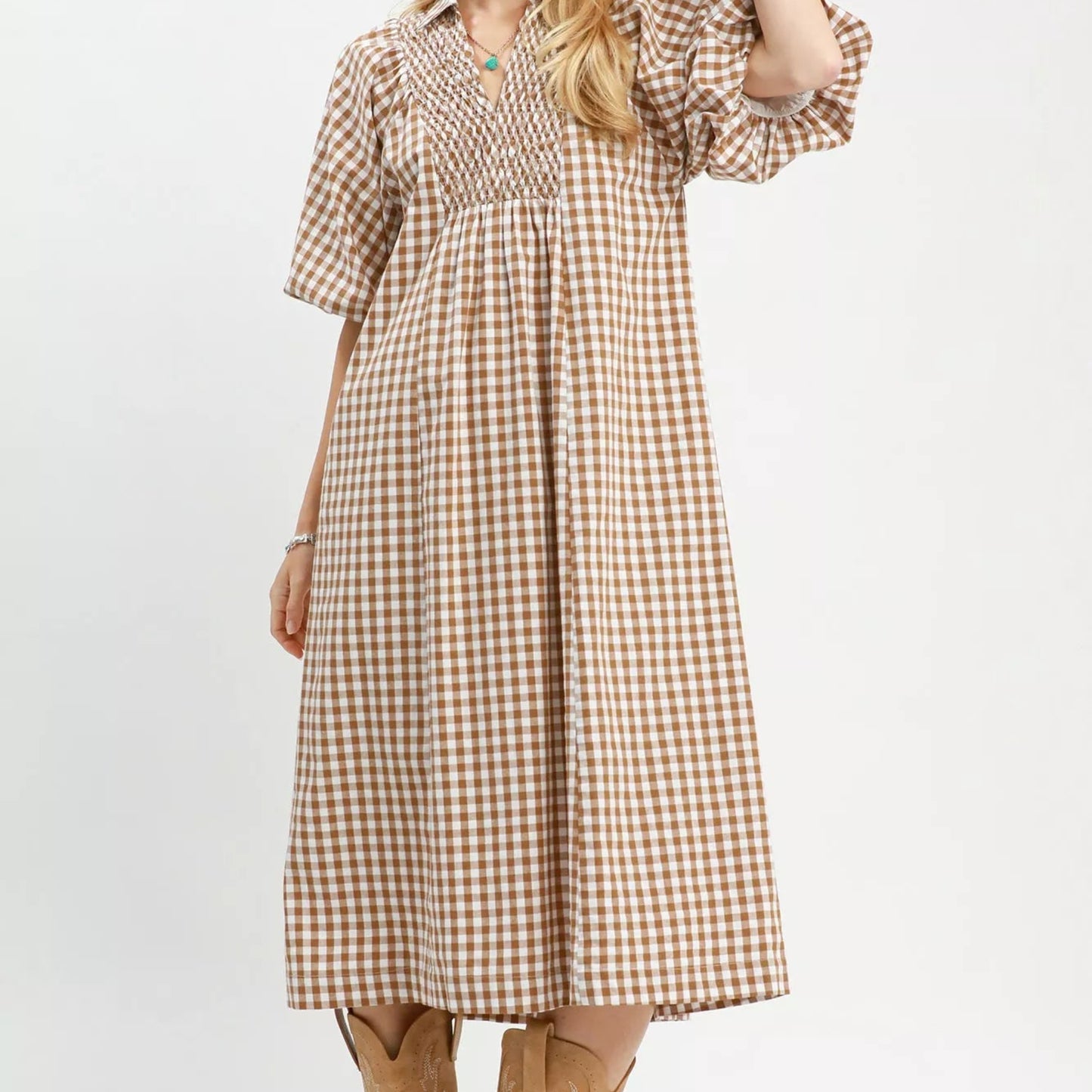 Chic late summer or transitional fall outfit styling with a brown plaid midi dress from Solazura Boutique