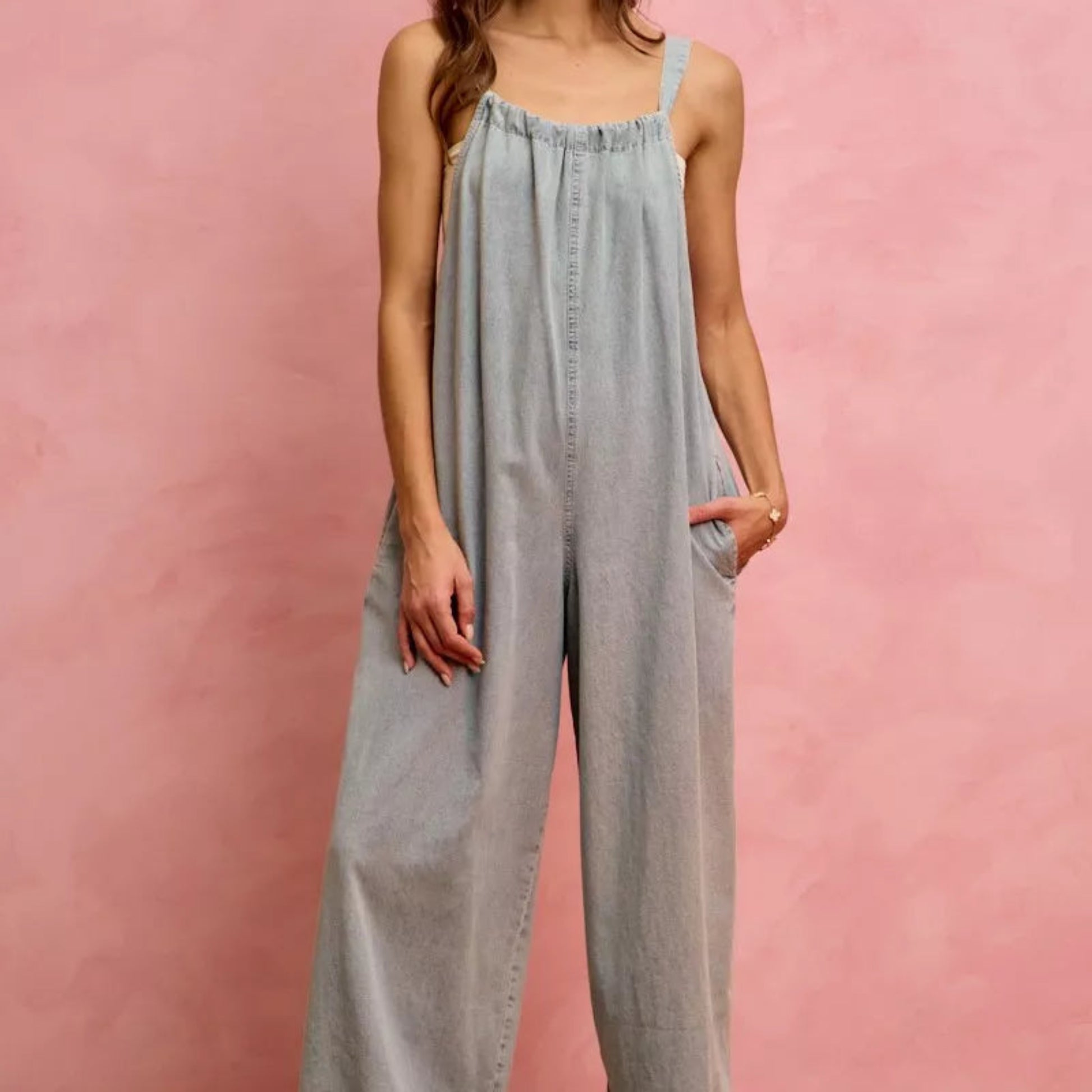 SO ME Wide Leg Lightweight Denim Overalls in Light Denim - Front View 