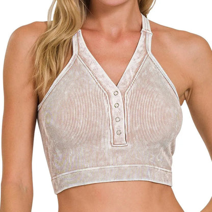 Zenana Washed Ribbed Seamless Button V-Neck Tank Top in Ash Mocha - Front View