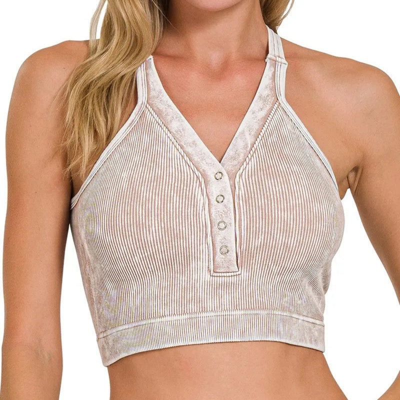 Zenana Washed Ribbed Seamless Button V-Neck Tank Top in Ash Mocha - Front View