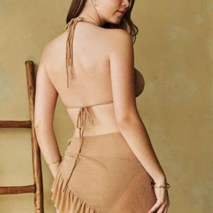 Davi & Dani 3-Piece Taupe Halter Bikini Set-Trendsi - Solazura Boutique