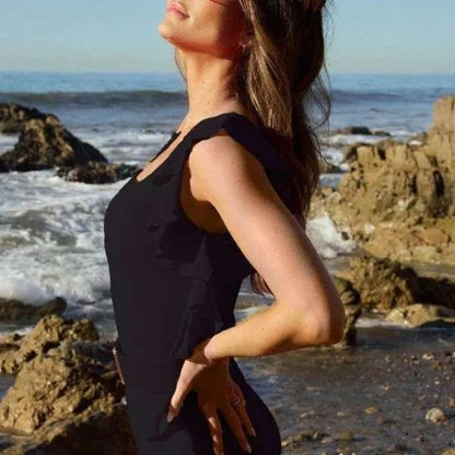 Davi & Dani One-Shoulder Ruffle Asymmetric Black Swimsuit-Trendsi - Solazura Boutique