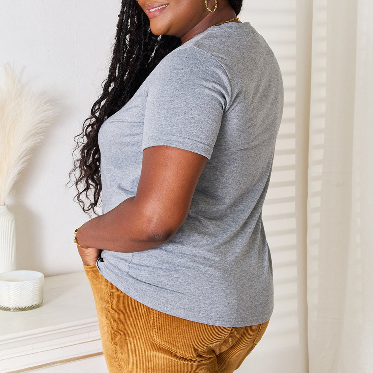 Simply Love US Flag Graphic Cuffed Sleeve T-Shirt in Gray - Lifestyle View 4