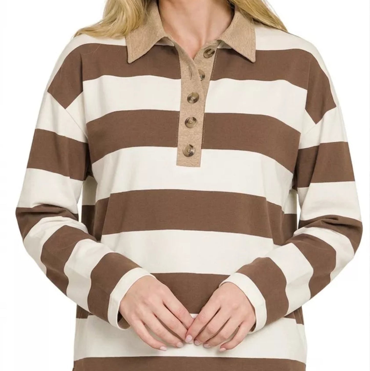 Preppy everyday streetwear outfit styling with a brown striped Zenana contrast polo top from Solazura Boutique