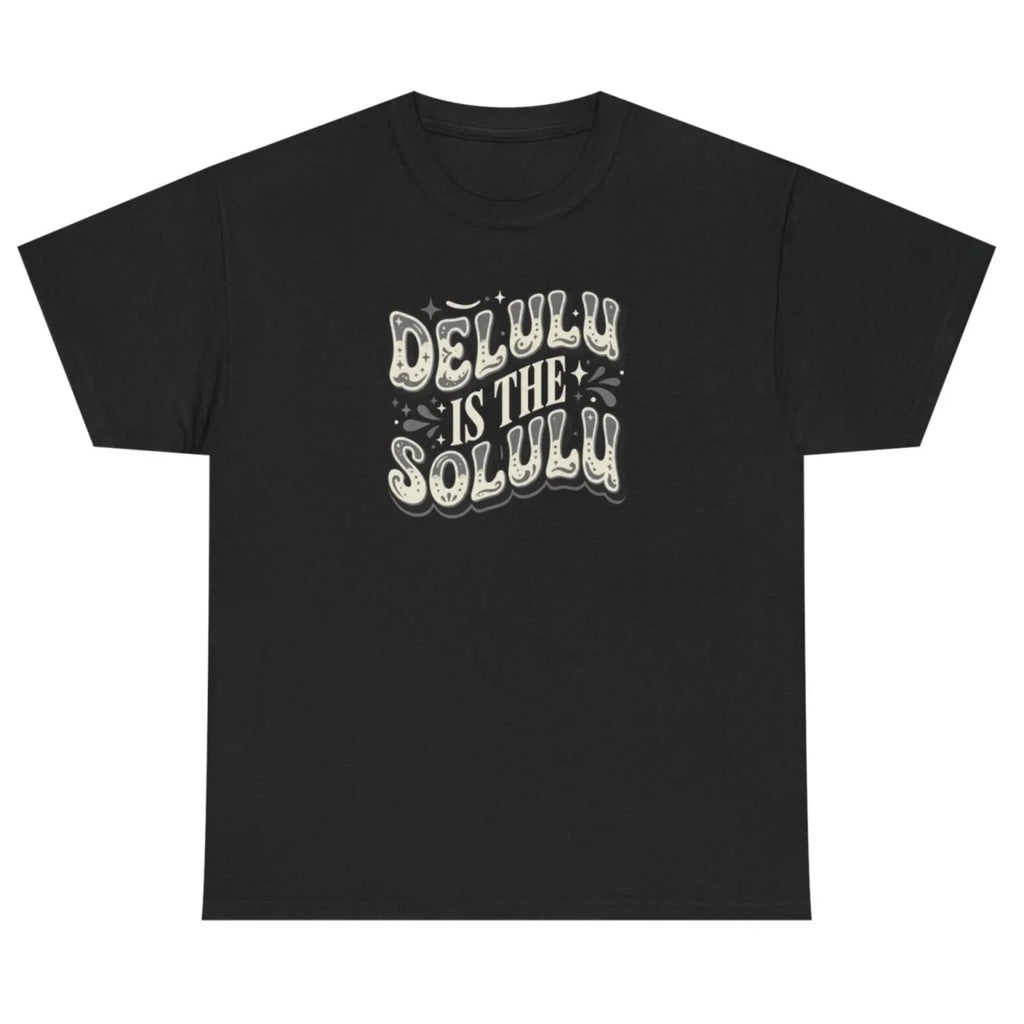 Women's black Delulu Is the Solulu graphic tee featuring a trendy retro inspirational slogan design.