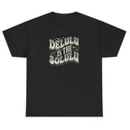 Women's black Delulu Is the Solulu graphic tee featuring a trendy retro inspirational slogan design.