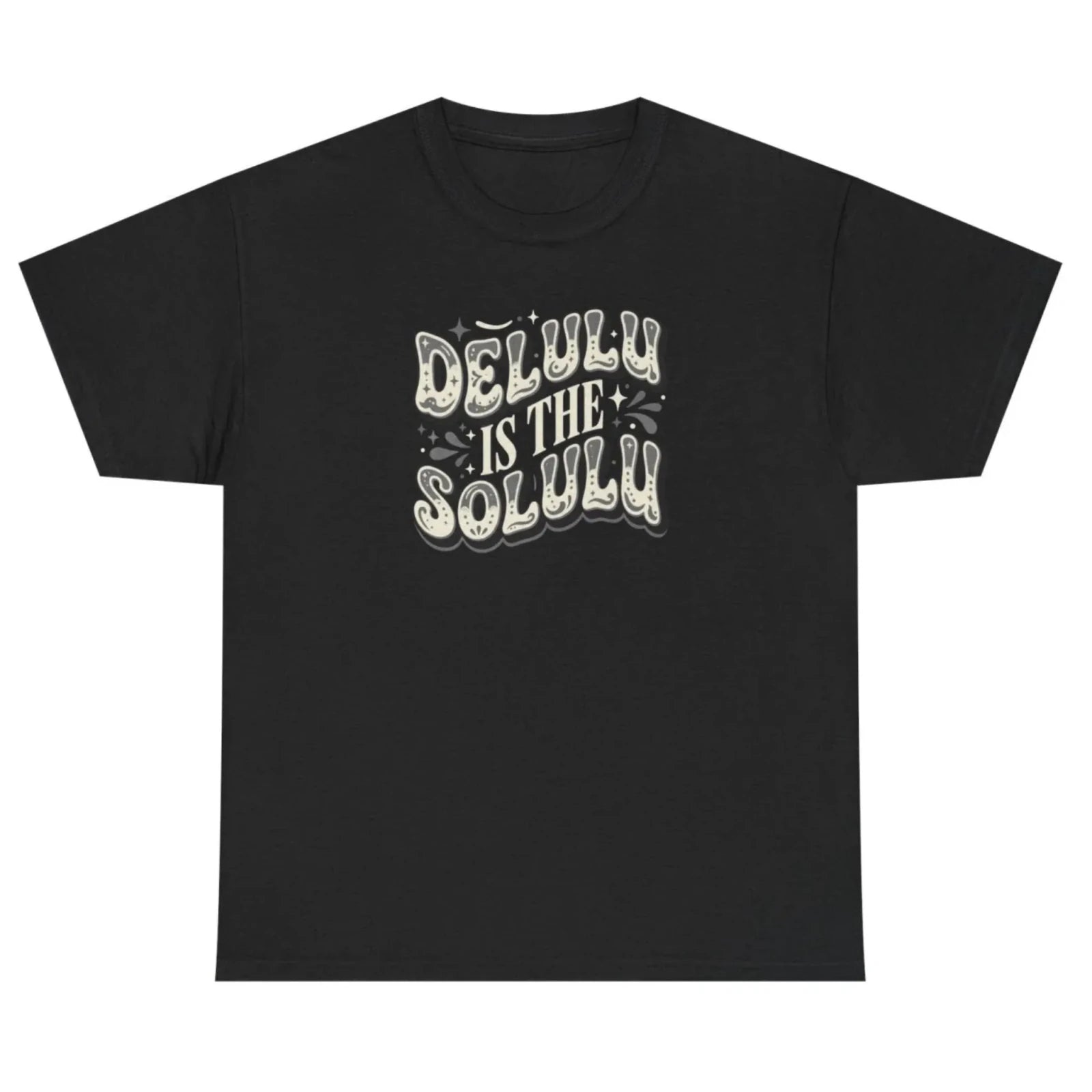Women's black Delulu Is the Solulu graphic tee featuring a trendy retro inspirational slogan design.