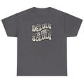 Women's charcoal Delulu Is the Solulu graphic tee with vintage-inspired motivational typography.