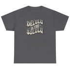 Women's charcoal Delulu Is the Solulu graphic tee with vintage-inspired motivational typography.