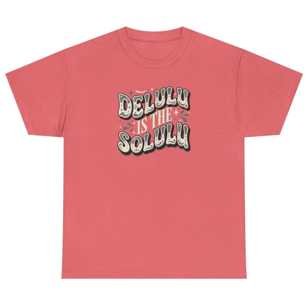 Women's coral silk Delulu Is the Solulu graphic tee with stylish retro quote graphic.